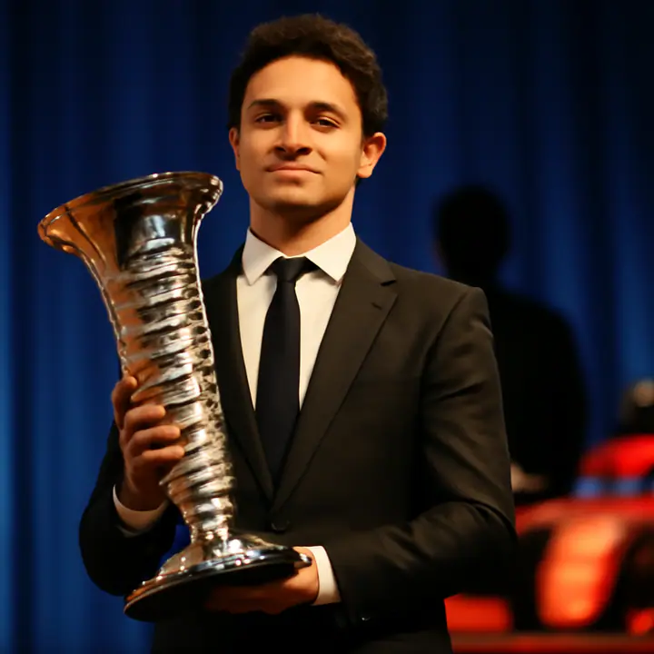 Lando Norris recibe el trofeo de campeón en la gala FIA mientras Verstappen brilla por su ausencia
